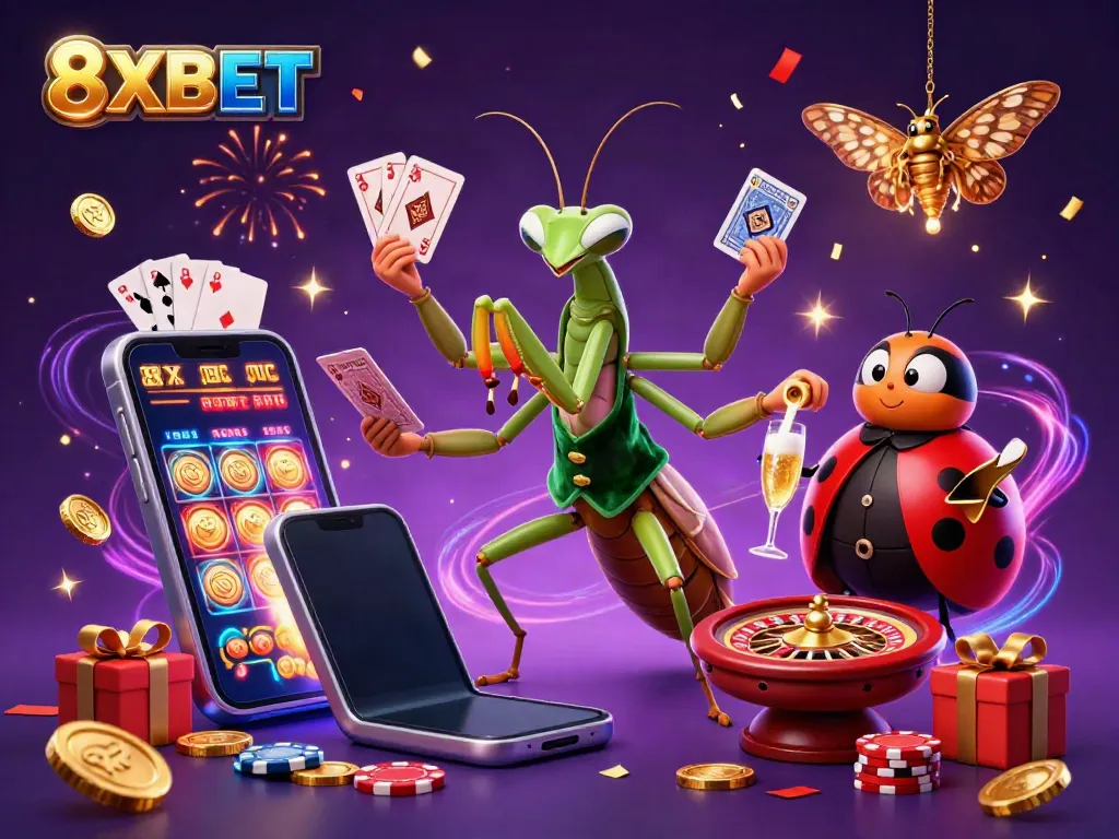 Experience the vibrant world of 8XBET with a giant praying mantis card sharp and ladybug pit boss amidst a gaming frenzy.