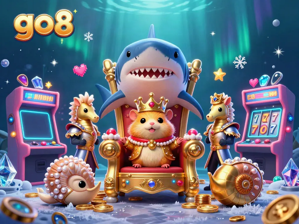 Engage with go8's vibrant casino scene featuring a fierce hamster king on a megalodon throne amid glowing gaming elements.