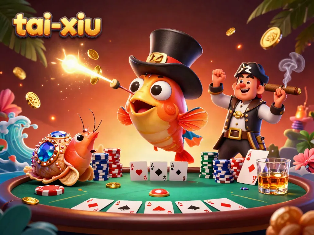 Engaging tai-xiu scene with 3D characters attracting golden coins around casino elements.