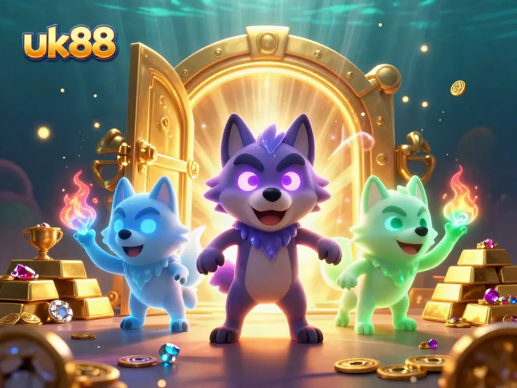Engage with uk88's thrilling casino adventure, featuring ghostly wolves amidst treasures and jackpots.