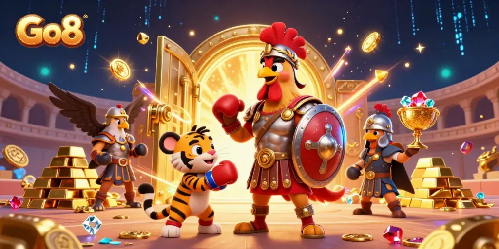 Engage with the exciting world of Go8 at a vibrant casino featuring a gladiator rooster, tiger cub, and treasures.