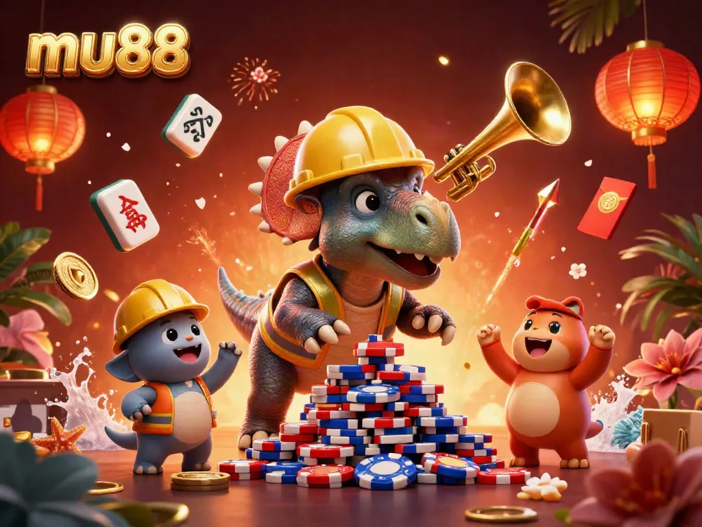 Cheerful mu88 gaming scene with cartoon dinosaurs celebrating with poker chips and festive elements.