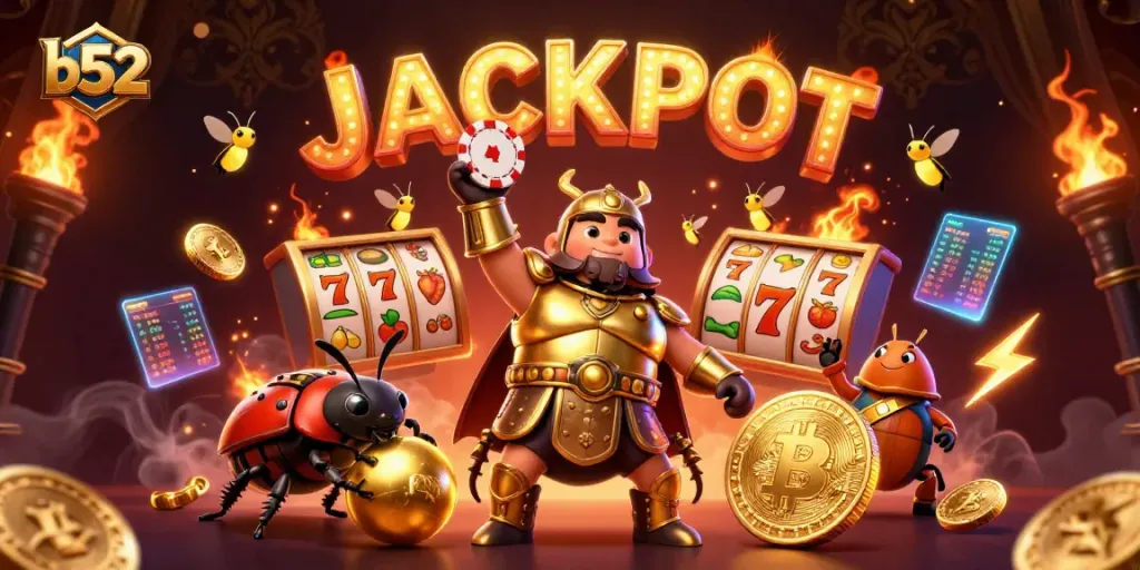 Engage in thrilling b52 casino slots action with jubilant characters celebrating a big jackpot win.