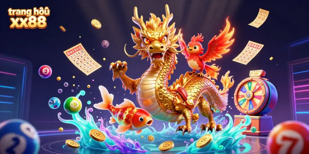 Experience the excitement of gambling at trang chủ xx88 with a vibrant illustration featuring a golden dragon and a koi fish amidst lottery elements.