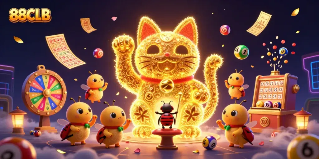 88CLB engages players with a vibrant lucky cat, lottery elements, and golden tickets in action.