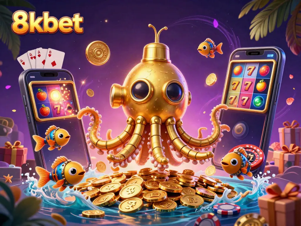 Engage with 8kbet's thrilling 3D scene featuring a fantastic kraken submarine amidst casino elements.
