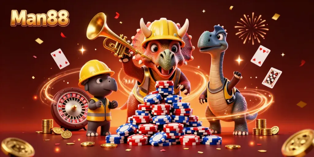 Experience fun gambling with Man88 while enjoying a vibrant celebration scene filled with casino elements.