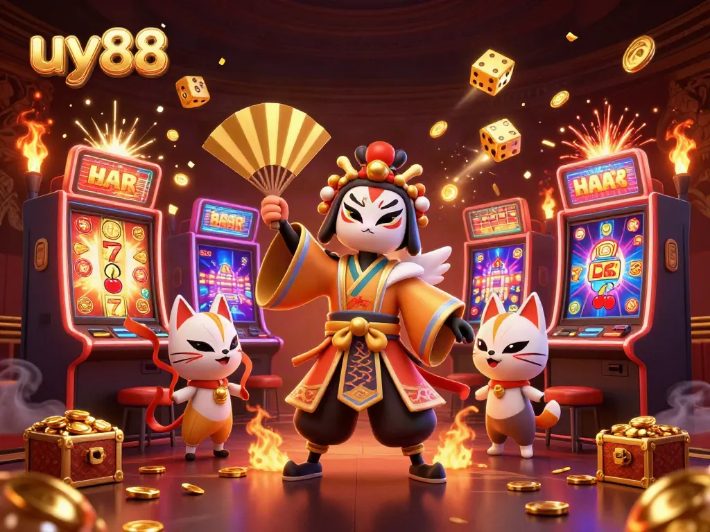 Experience the excitement of uy88 with a vibrant 3D casino scene of a kabuki warrior and kitsune mask amidst jackpot winnings.