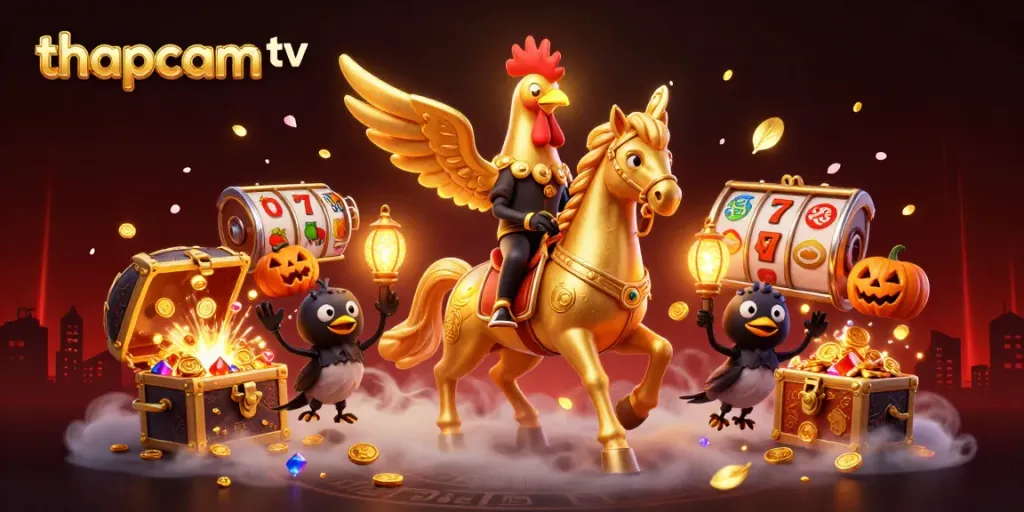 Experience the vibrant thapcam tv casino scene with golden rooster and spectral horse amidst rich gaming elements.
