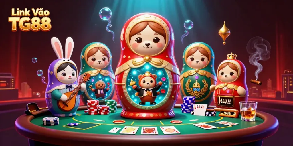 Link Vào TG88 showcases a vibrant 3D illustration featuring characters amidst a bustling casino setting.