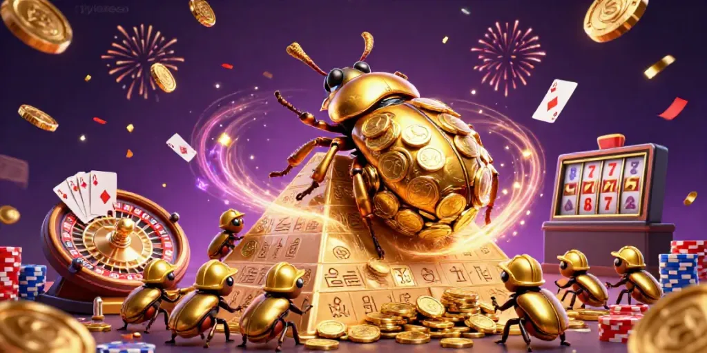 Tylekeo showcases a vibrant 3D scene with golden beetles and casino elements celebrating a big win.