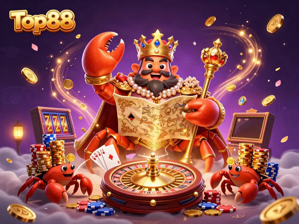 Engage with Top88 gaming action featuring a golden crab emperor amongst riches and casino elements.
