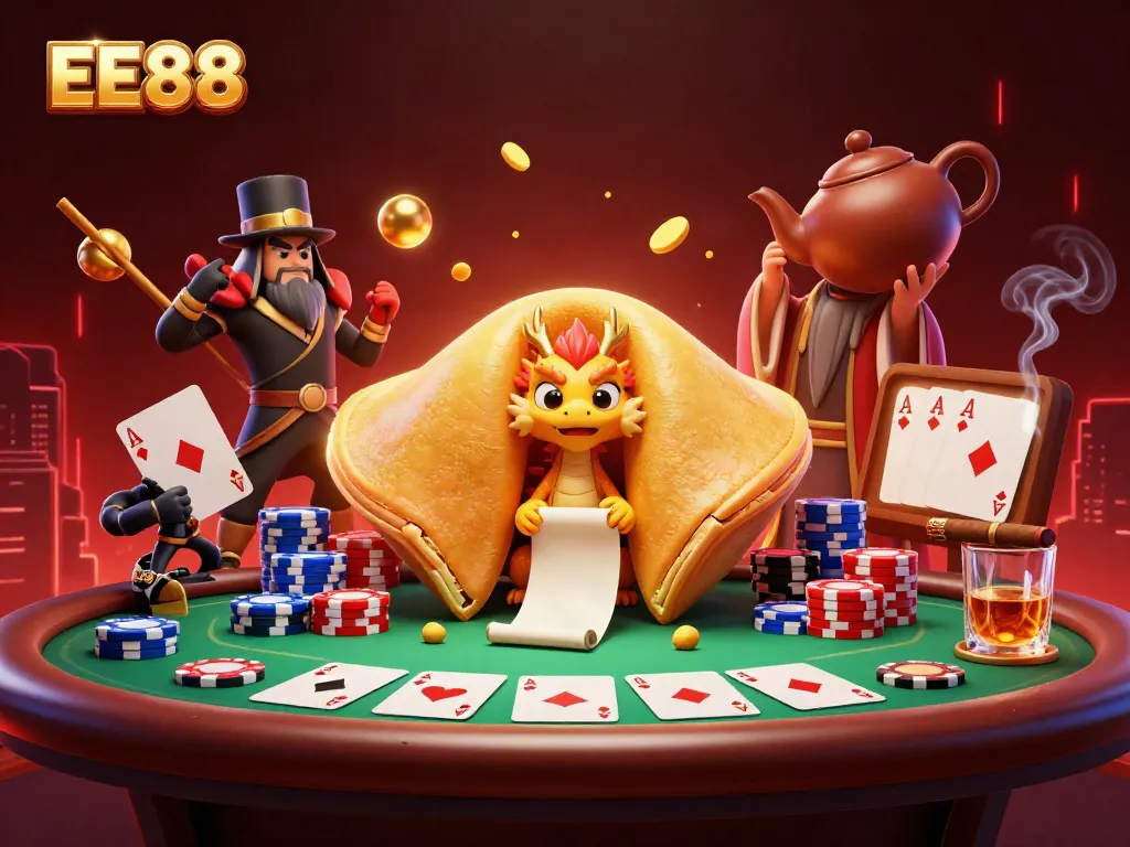 Engage with EE88 in a vibrant 3D casino scene filled with action and detailed gambling elements.