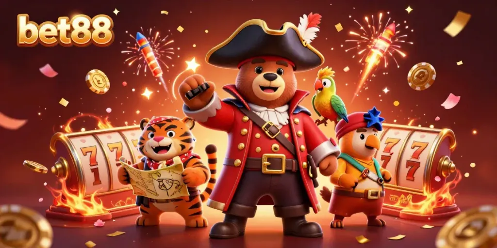 Experience thrill with bet88 in this vibrant 3D illustrated casino scene featuring lively gaming elements.