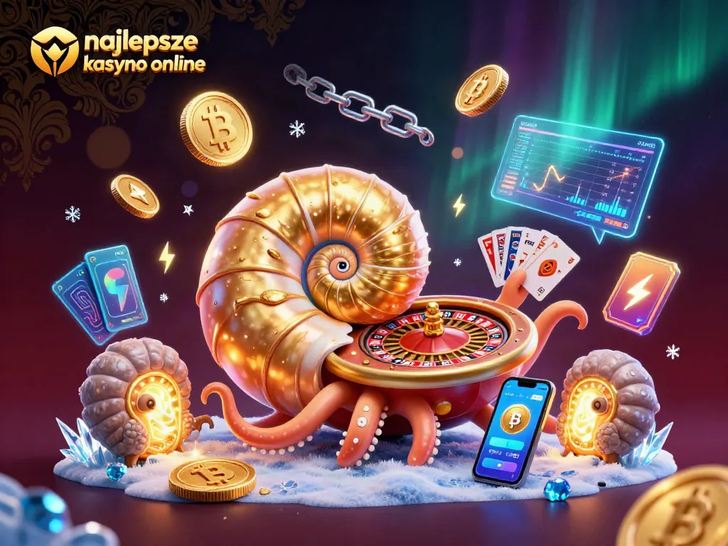Play at najlepsze kasyno online with a vibrant scene of a giant nautilus roulette wheel and golden coins.