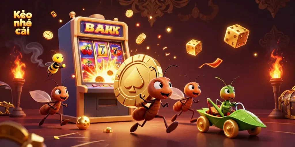 Kèo nhà cái featuring a heist scene with cartoon ants carrying a giant poker chip connected to a vibrant casino atmosphere.