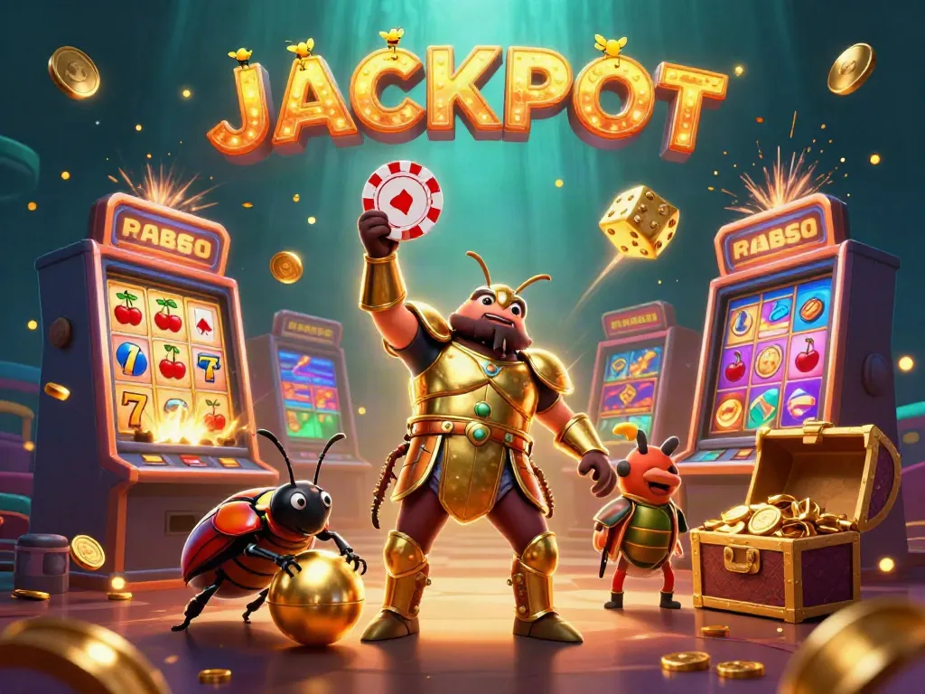 Join the fabet adventure with a glorious beetle celebrating a jackpot amidst thrilling casino elements.