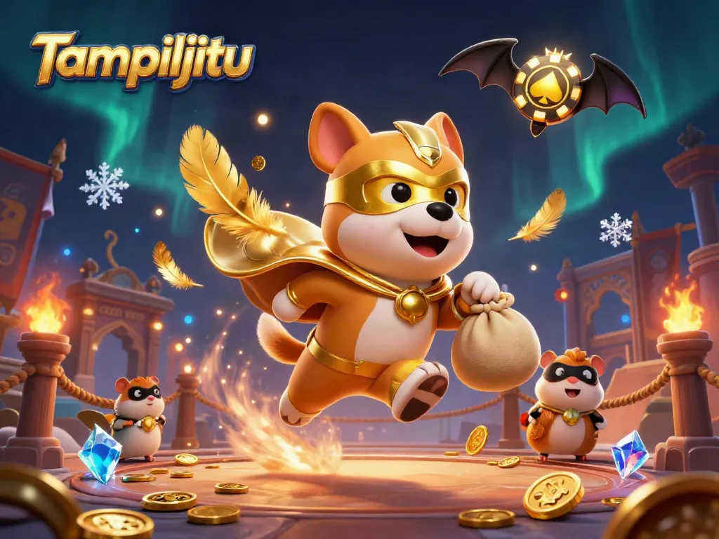 Tampiljitu showcases a heroic scene of a dog and hamster duo flying amidst dazzling casino-themed elements.