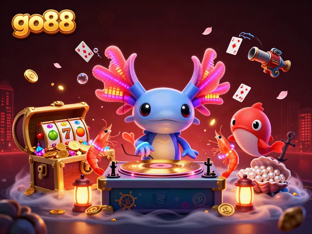 Experience the vibrant action with go88's underwater casino, featuring a lively axolotl DJ and treasure-filled chests.