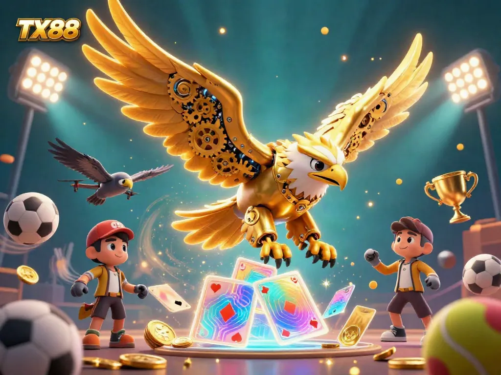 Experience the thrill of TX88 with a dynamic 3D scene featuring a cybernetic golden eagle navigating a vibrant cascade of holographic cards and sports elements.