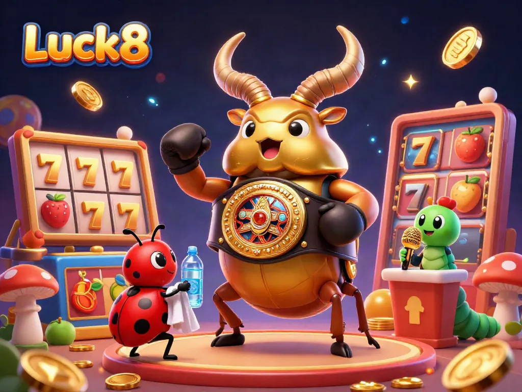 Experience the thrill of Luck8 with a vibrant 3D casino showdown featuring a golden stag beetle champion.