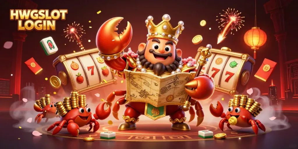 Experience the excitement of HWGSLOT LOGIN with a dynamic scene featuring a golden crab emperor amidst vibrant casino elements.