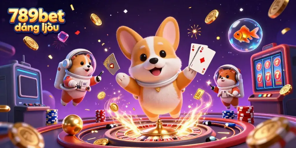 Engage with 789bet đăng nhập in a vibrant 3D casino scene featuring space-themed characters and dynamic gambling elements.