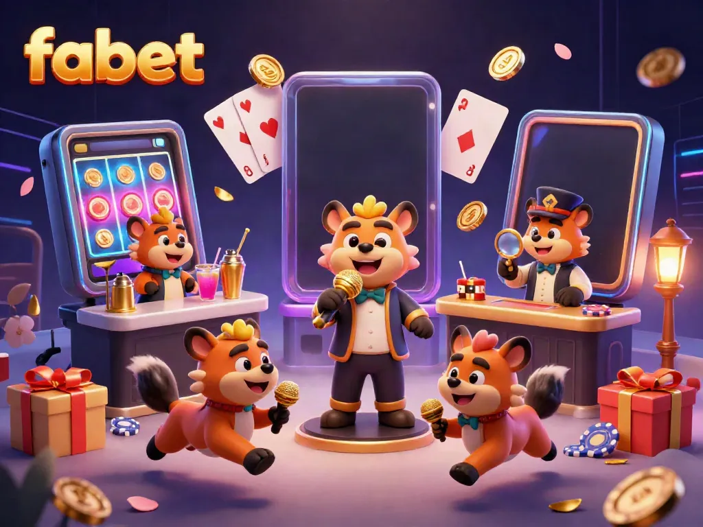 Experience the vibrant comedy casino scene at FABET with hyenas entertaining, mixing drinks, and checking IDs.