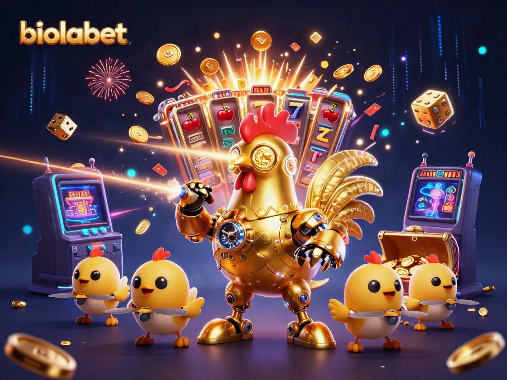 Witness the biolabet golden rooster robot and baby chick drones engaging in an exciting casino scene.