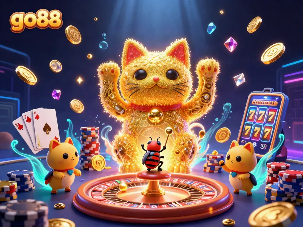 Experience the excitement of go88 gaming with a dynamic lucky cat scene in a 3D illustration.