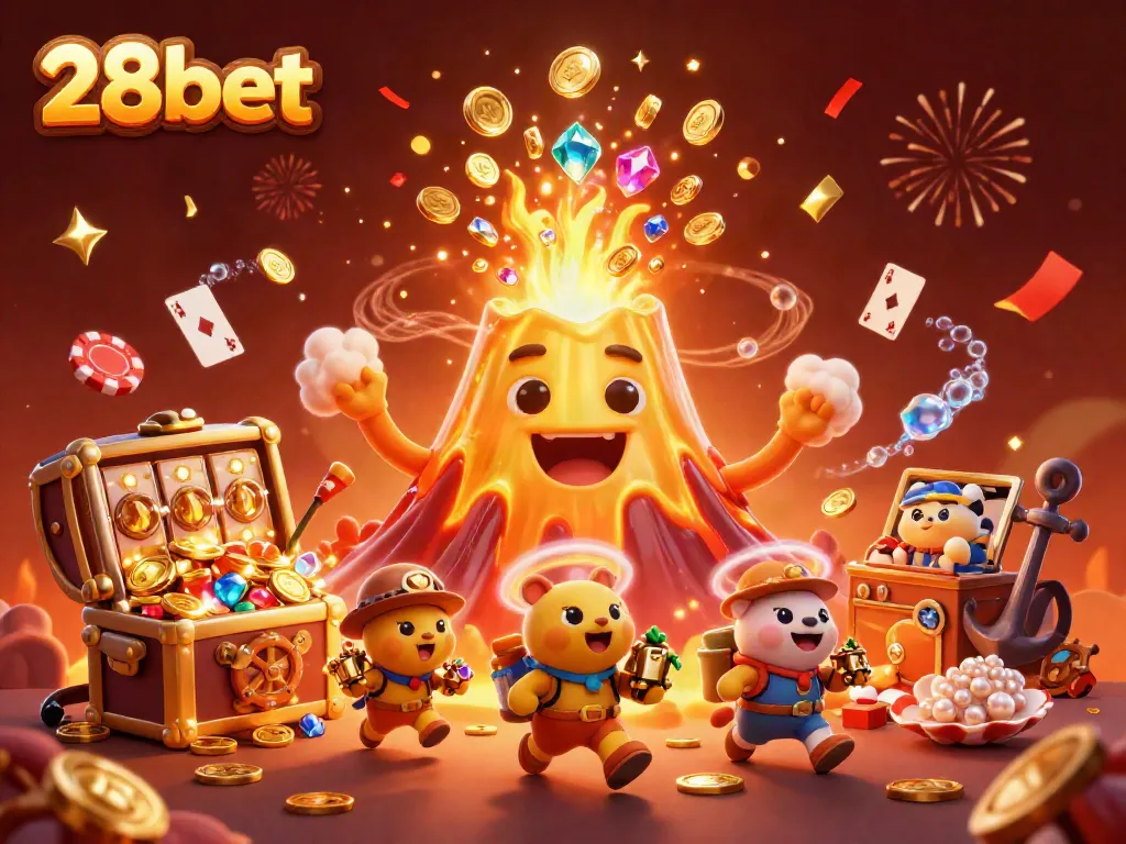 Experience the thrill of 28bet with a vibrant 3D scene featuring a gold volcano and dynamic casino elements.