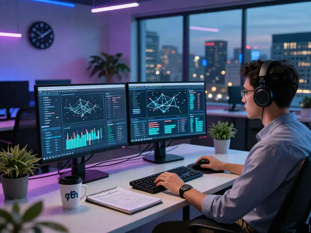 Cybersecurity analyst monitoring alerts at workstation, highlighting pecah404 vulnerabilities in a modern tech environment.
