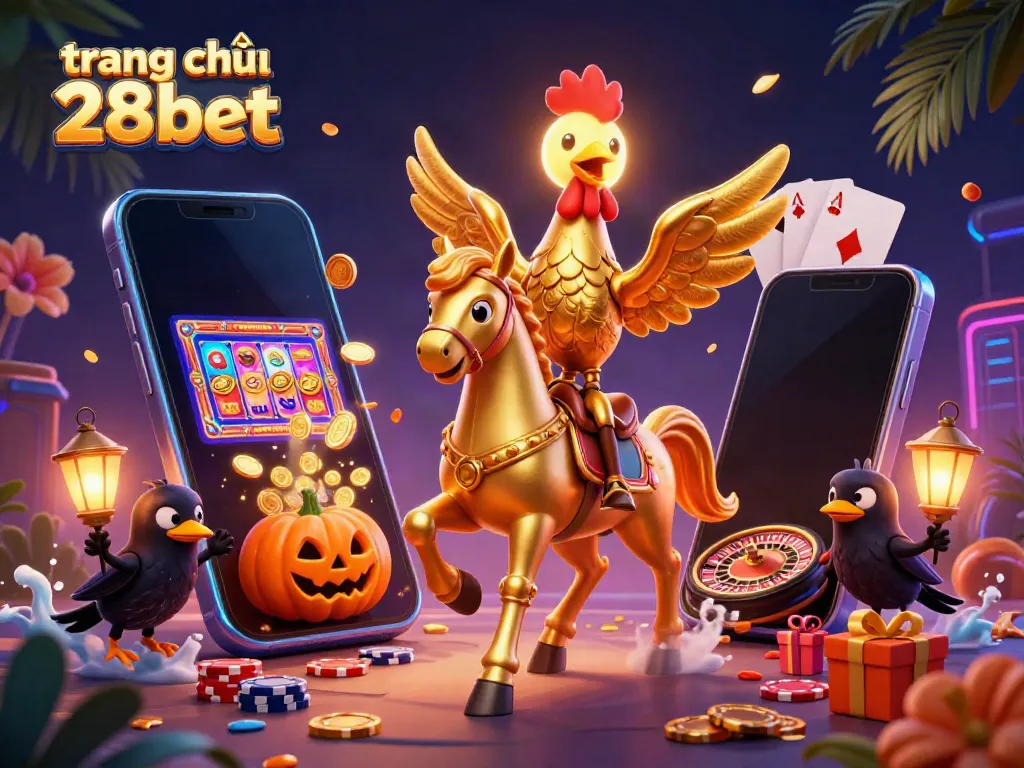 Engage in thrilling gameplay at trang chủ 28bet with dynamic casino elements and golden rooster characters in a vibrant scene.