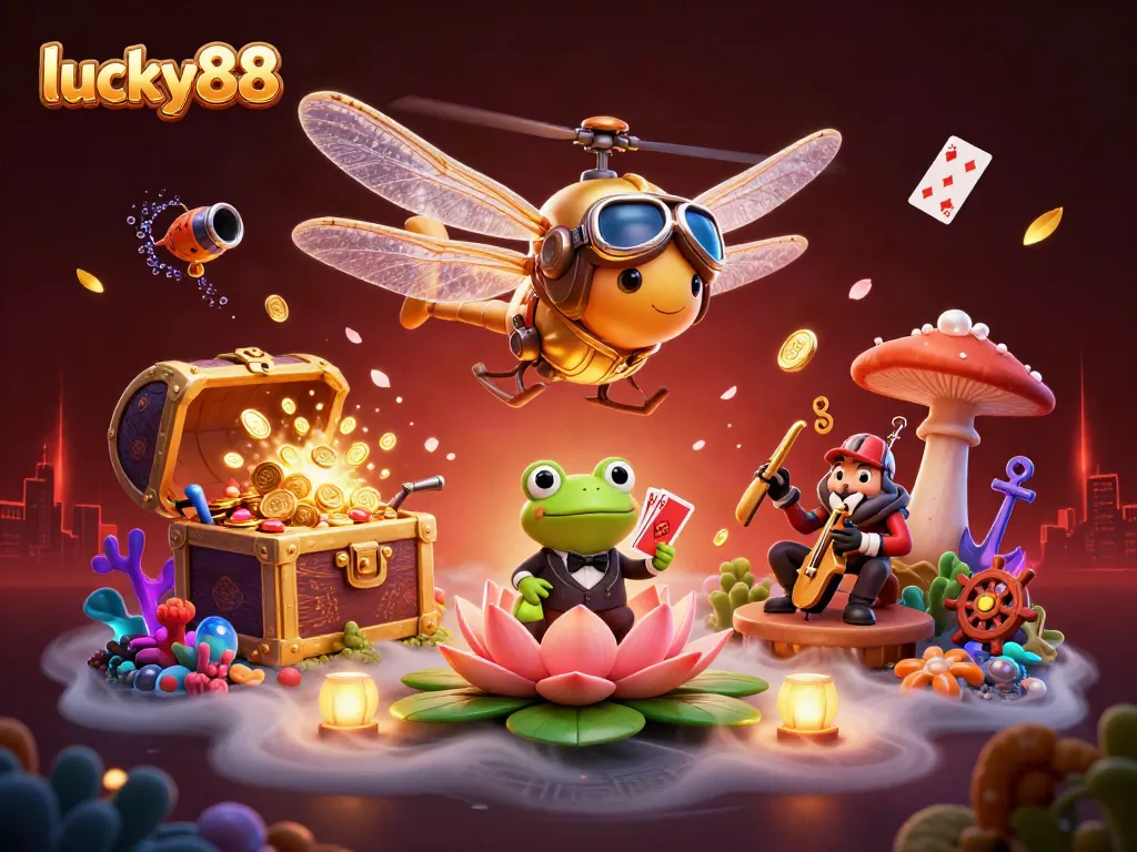 Unleash winning excitement at lucky88 with a vibrant 3D casino scene featuring a dragonfly pilot and frog dealer.