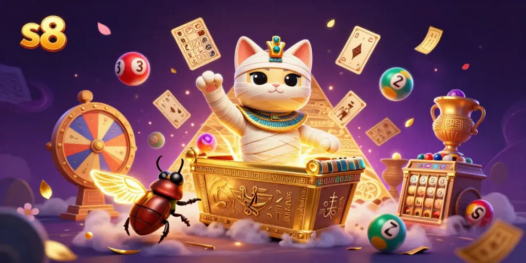 Experience thrilling S8 adventures with the Egyptian mummy cat and golden jackpot elements.