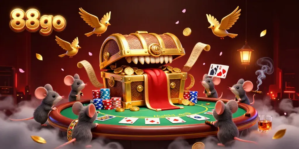 Engage in exciting gameplay with 88go as treasure-laden characters attract adventurer mice in this vivid casino scene.