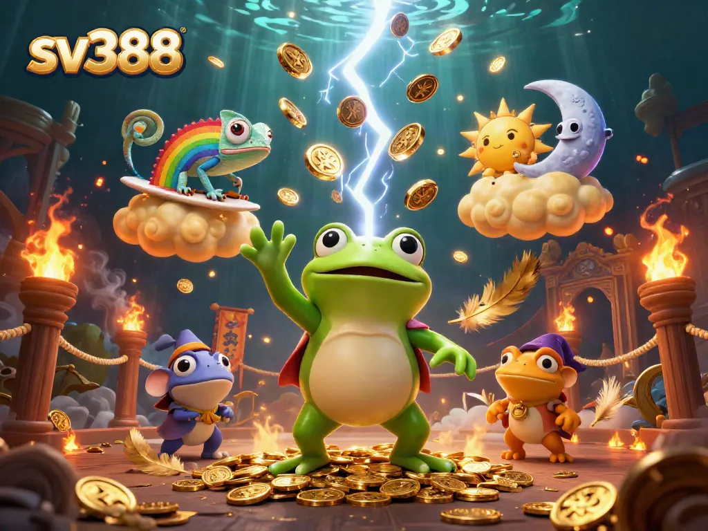 Experience sv388 with a cartoon wizard frog creating golden coin storms in an epic cockfighting arena.