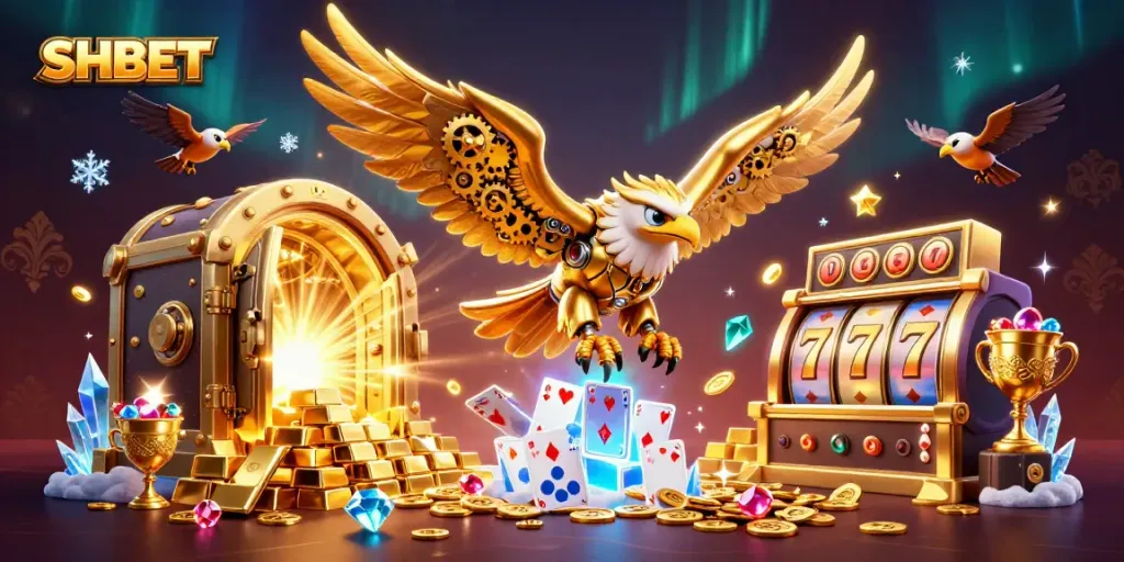 Engage with thrilling casino adventure at SHBET with a cybernetic eagle through a treasure-filled 3D world.