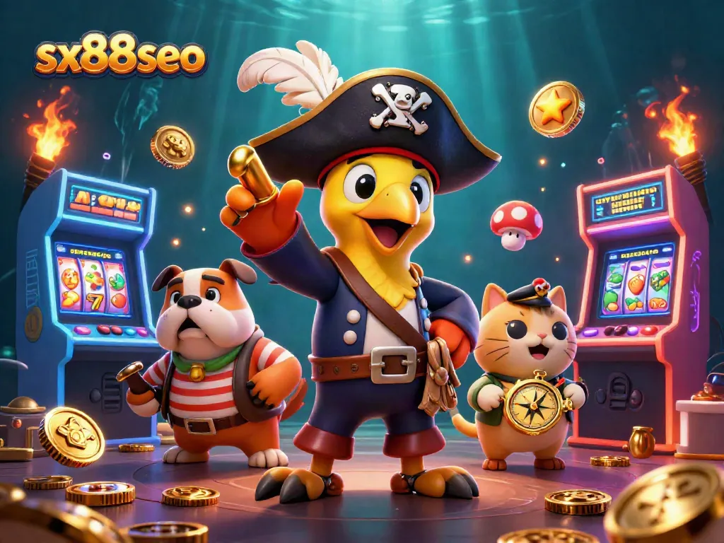 SX88seo casino game scene featuring colorful 3D pirate characters enjoying jackpot thrills.