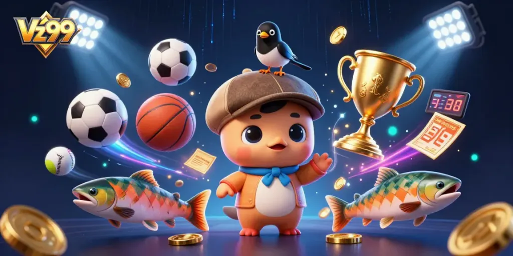 Embark on Vz99 gaming adventures with a playful baby Nessie surrounded by dynamic sports elements and gold coins.