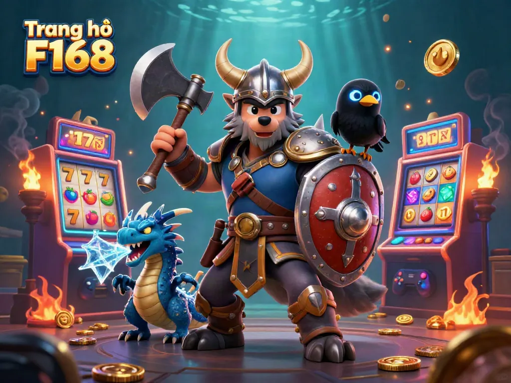 Experience the excitement of Trang chủ F168 with a Viking warrior, dragon, and vibrant slot machines