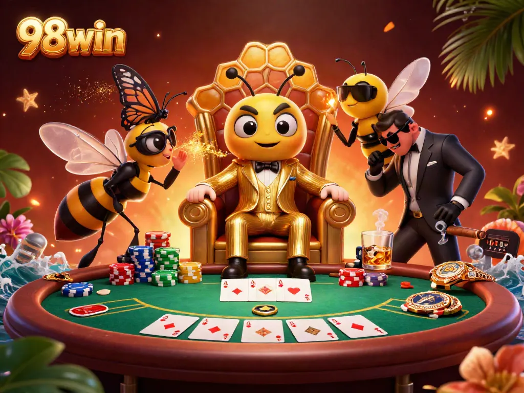 Engage with 98win's vibrant casino scene featuring bumblebee mob boss and poker action.