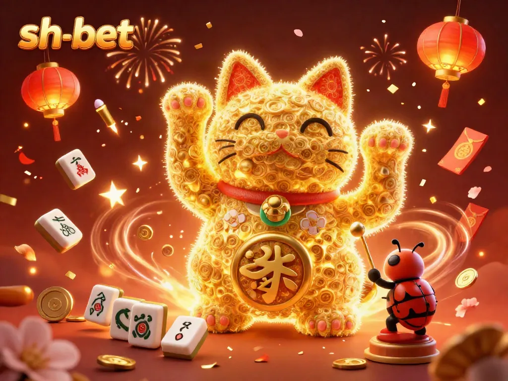 Experience the thrill of sh-bet with a vibrant lucky cat and festive casino symbols.