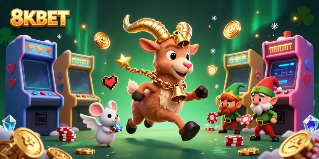 Experience 8KBET's festive horror casino with Krampus, an angel mouse, and gremlins stealing chips.
