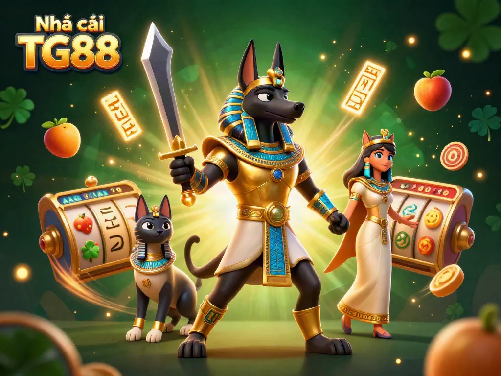Engaging visual of Nhà cái TG88 showcasing Anubis and Bastet in a vibrant casino atmosphere.