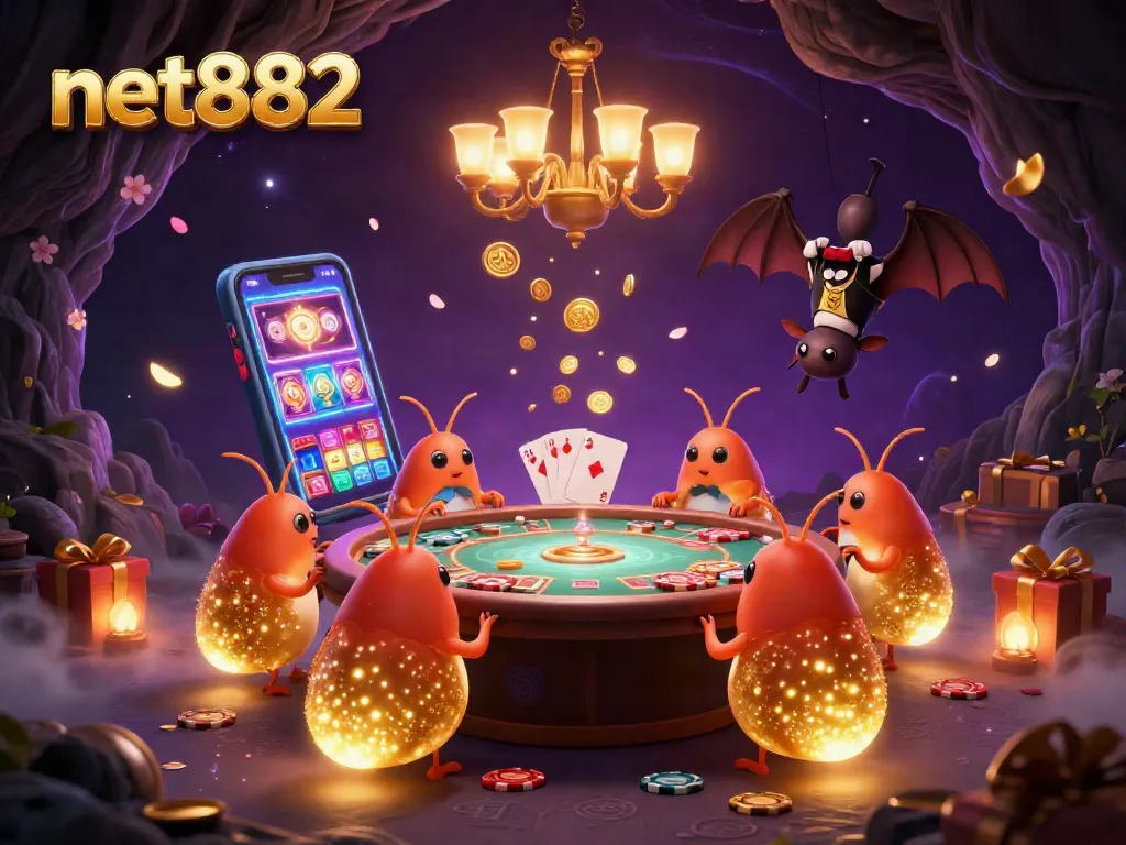 Experience thrilling gameplay with net882 in a vibrant 3D casino scene illuminated by glowworms.