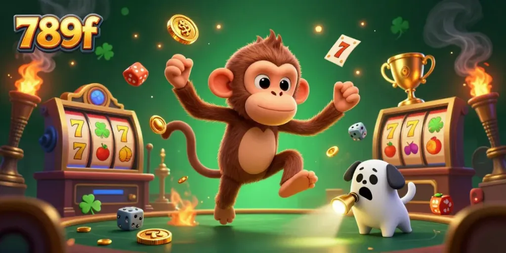 Engage with the playful 789f poltergeist monkey and curious ghost-hunter puppy in a vibrant haunted casino scene.