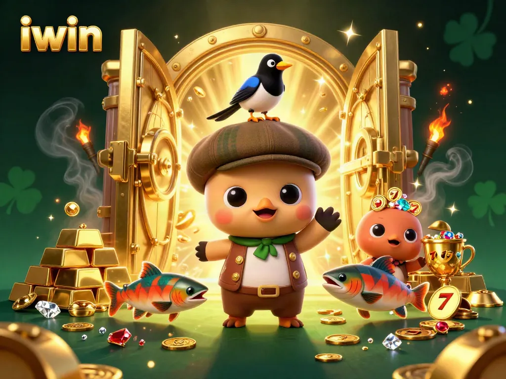 iwin casino scene featuring cartoon Nessie and gold treasures, enhancing your gaming luck