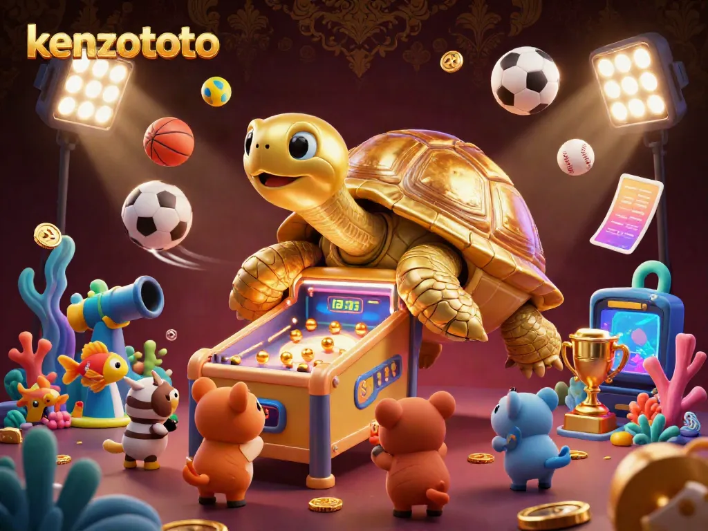 Kenzototo showcases thrilling fish shooting game elements featuring a golden tortoise and vibrant sea creatures.