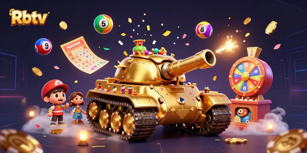 Menyaksikan Rbtv dengan berbagai elemen perjudian, termasuk bola lotere berwarna-warni dan mesin lotere.